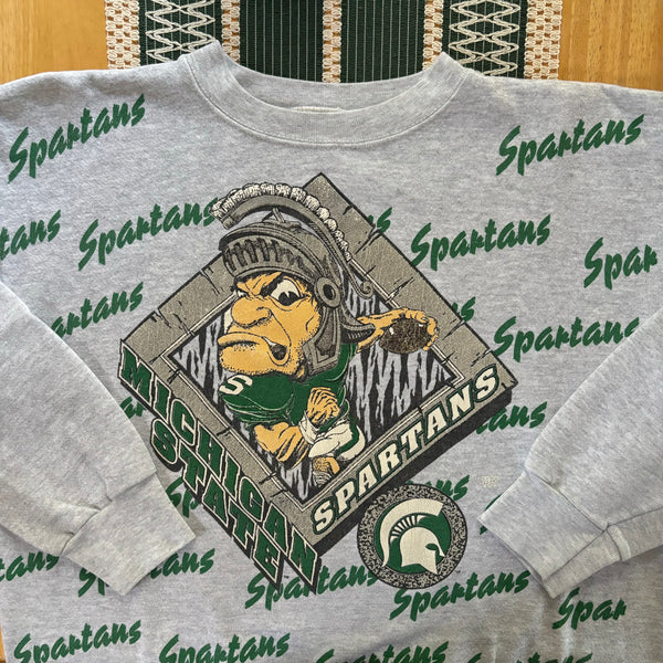 Vintage MSU Gruff Sparty All Over Print Crewneck Sweatshirt Large (1990s)