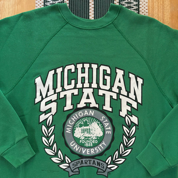 Vintage MSU Raglan Crest Crewneck Sweatshirt Large (1980s)