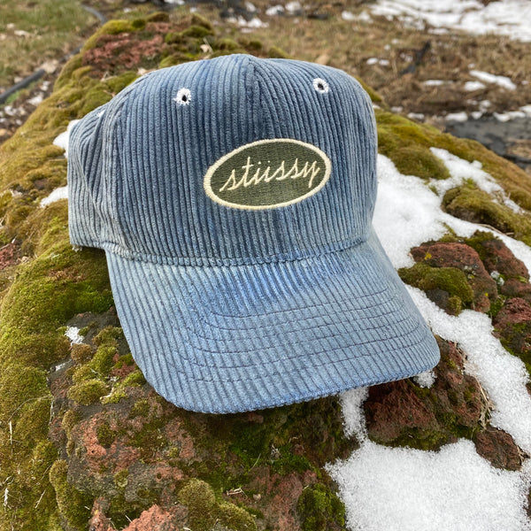 1990s Stussy Teal Corduroy Script Snapback Hat